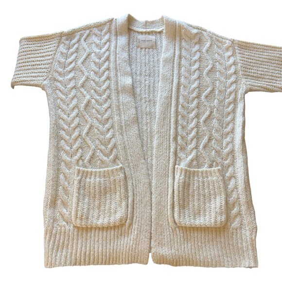 Lucky Brand Cable Knit Cream Open Front Cardigan 2 Pocket Oversized - Picture 3 of 6